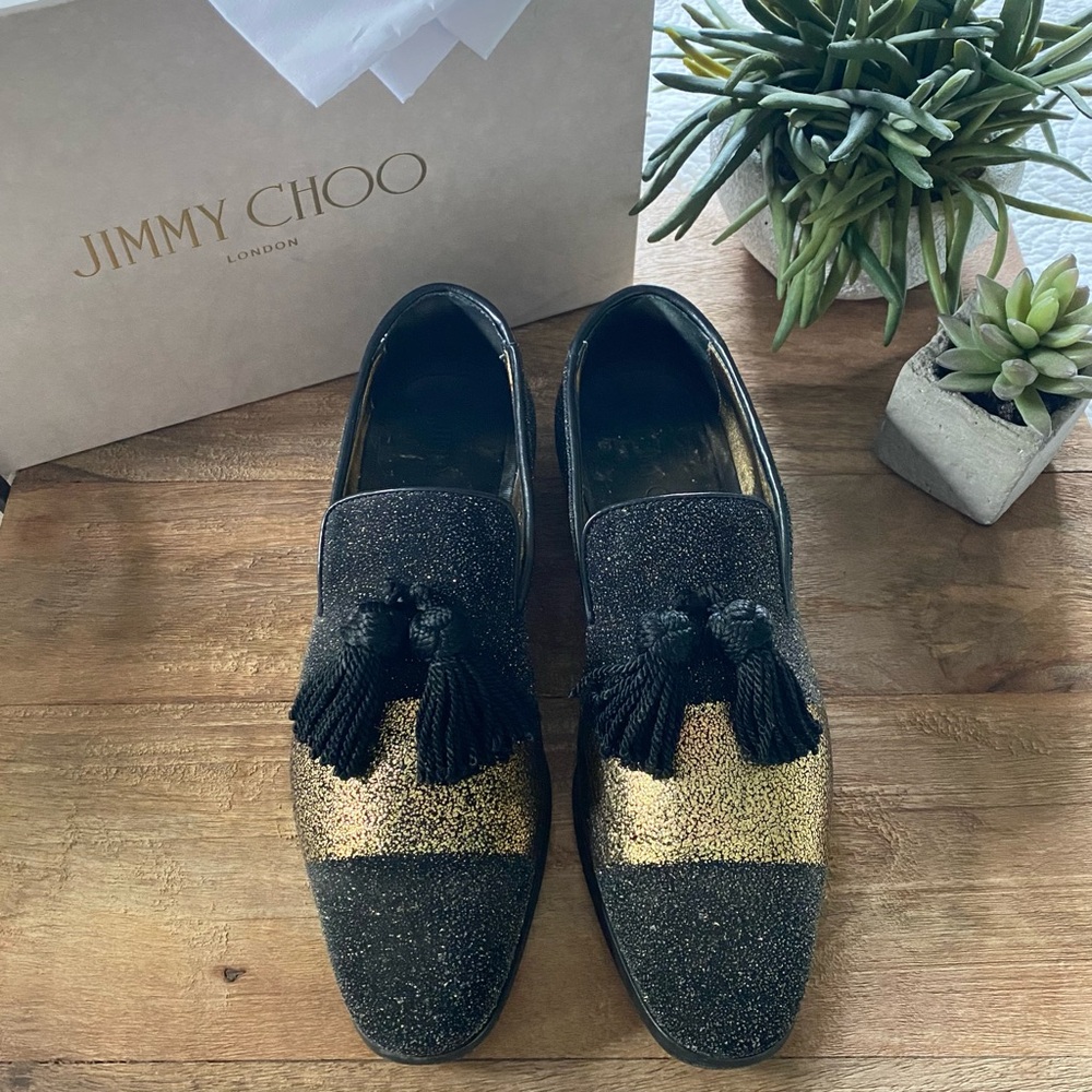 JIMMY CHOO Foxley Black & Gold Tassel Loafers